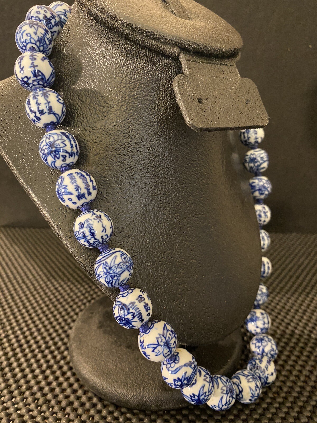 Vintage Chinese Export Blue White Large Porcelain Beaded Necklace Filigree Clasp