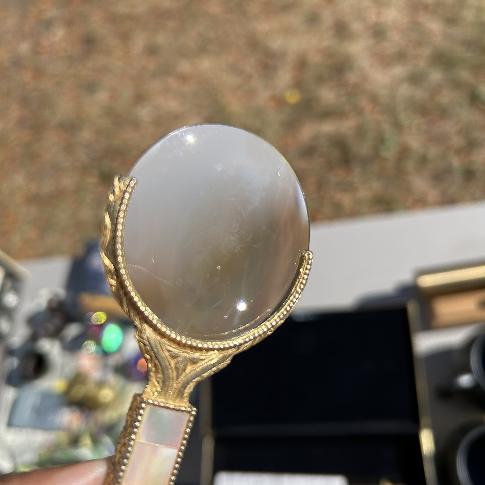 Art Deco Ornate Gold Mother of Pearl Magnifying Glass Circa 1920’s Measures 4″ L