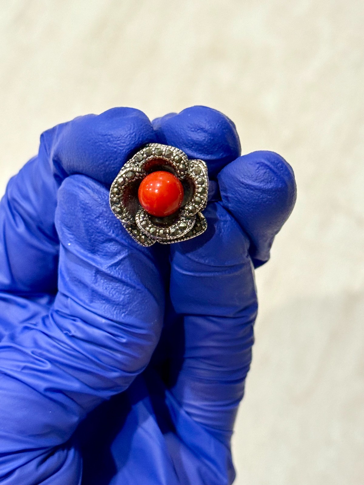 VTG Flower Ring Size 8 Sterling Silver Rose Red Coral Marcasite Gem Cocktail