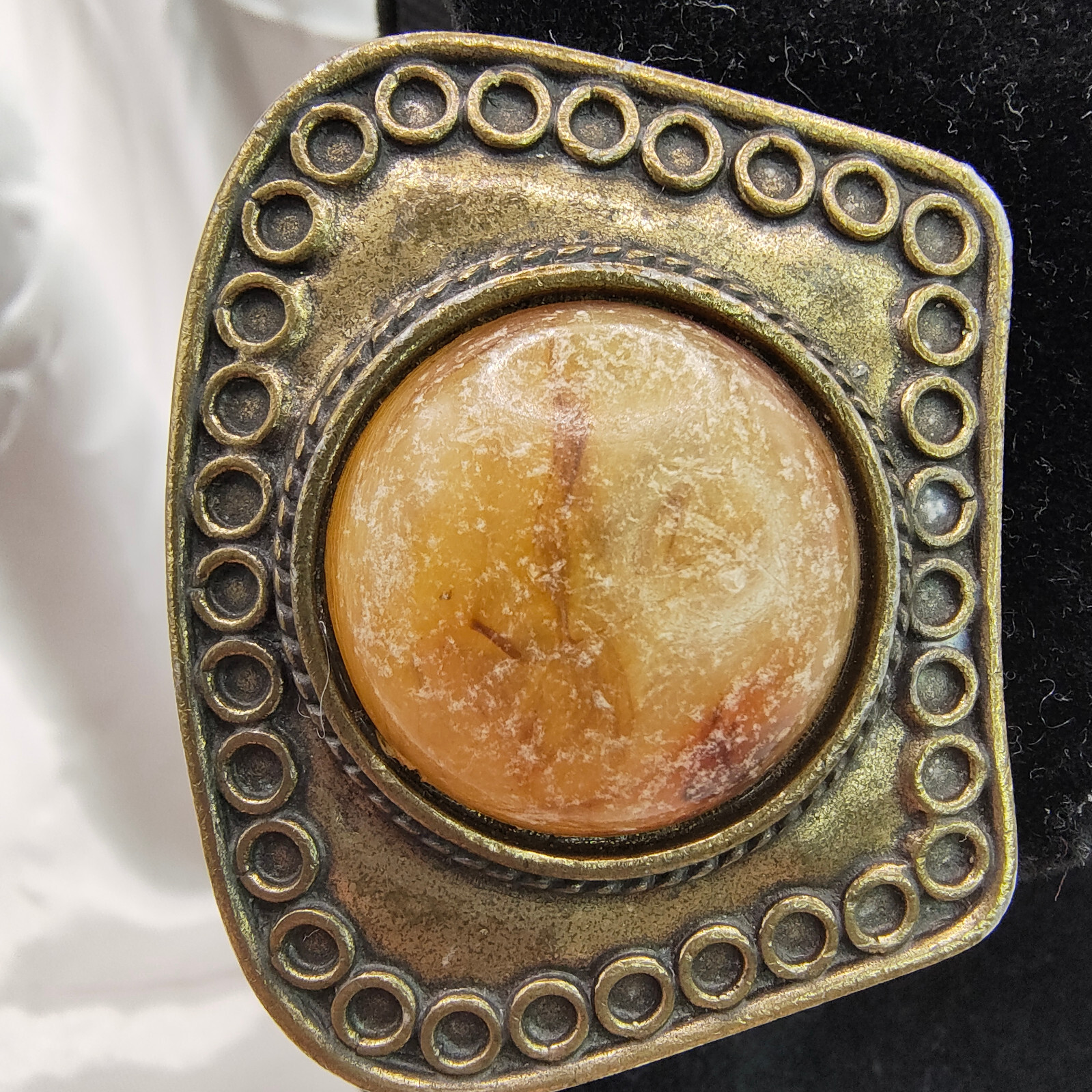 VTG Brutalist Earrings Clip On Brass Plated Unpolished Stone Ornamented Border