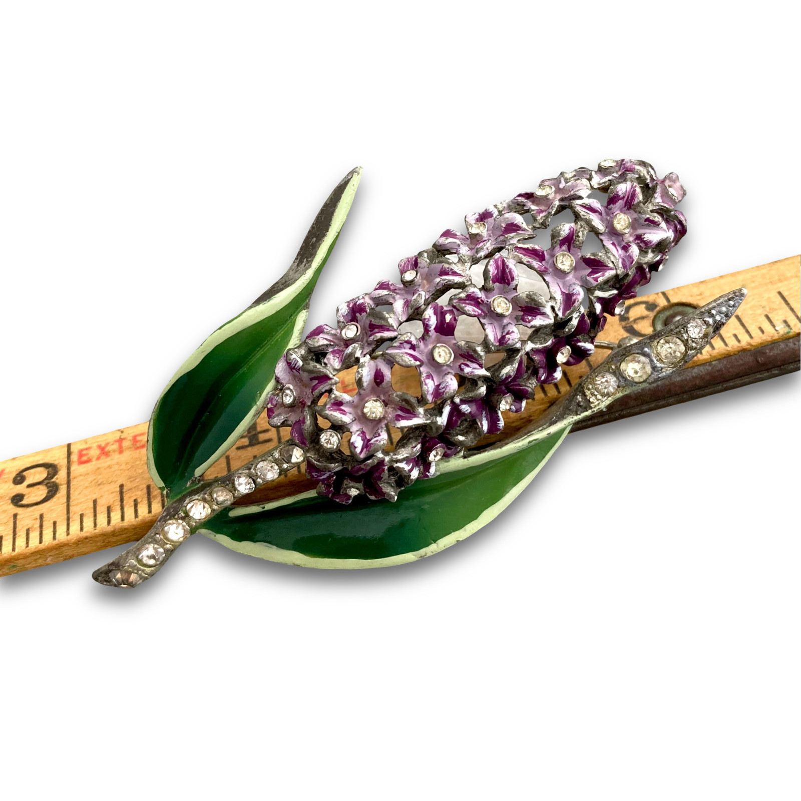 Vintage 1940s Hyacinth Purple Enamel Rhinestone Flower Figural Brooch Coro Style