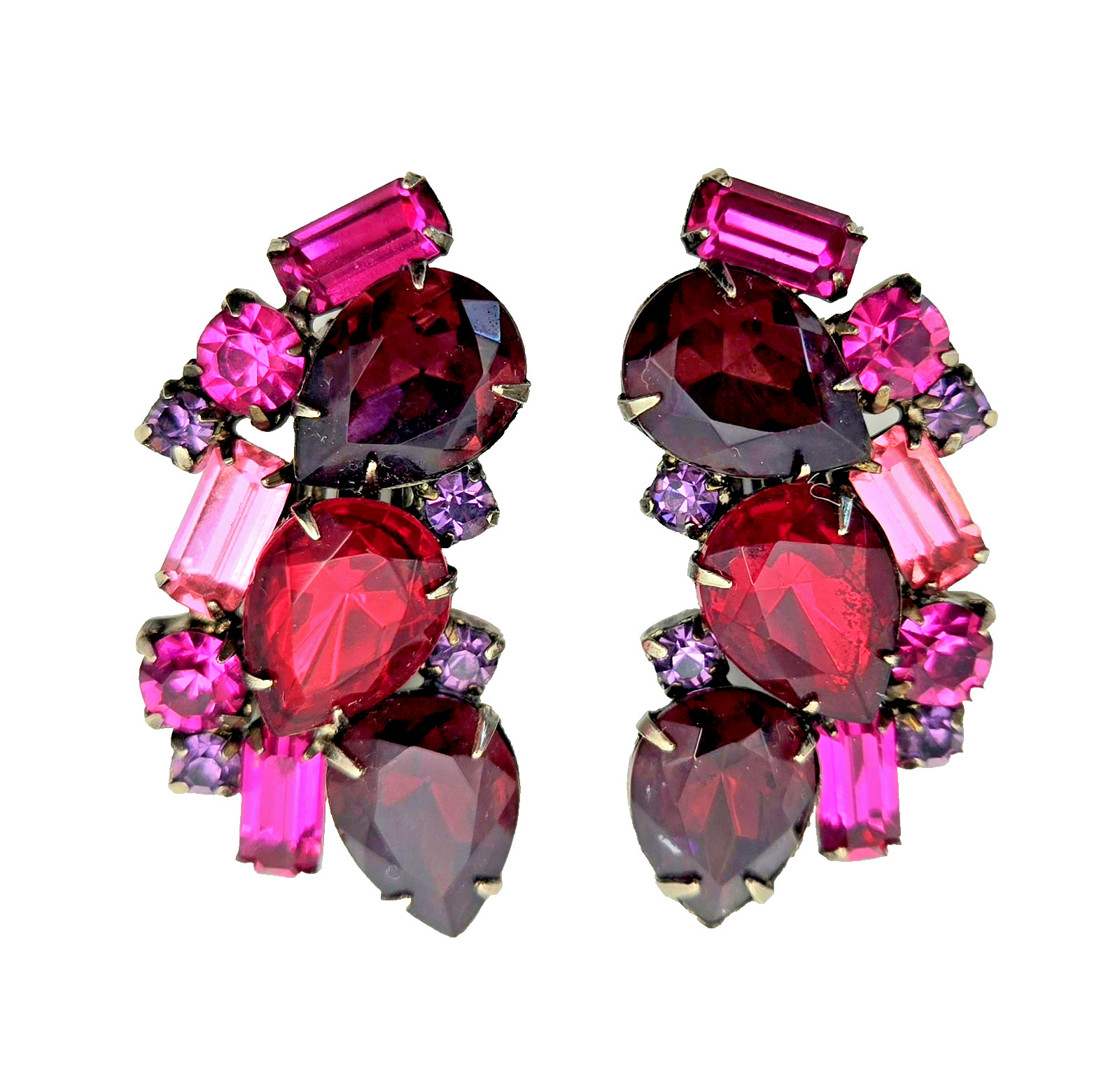 Huge Red Purple Pink Fuchsia Rhinestone Earrings