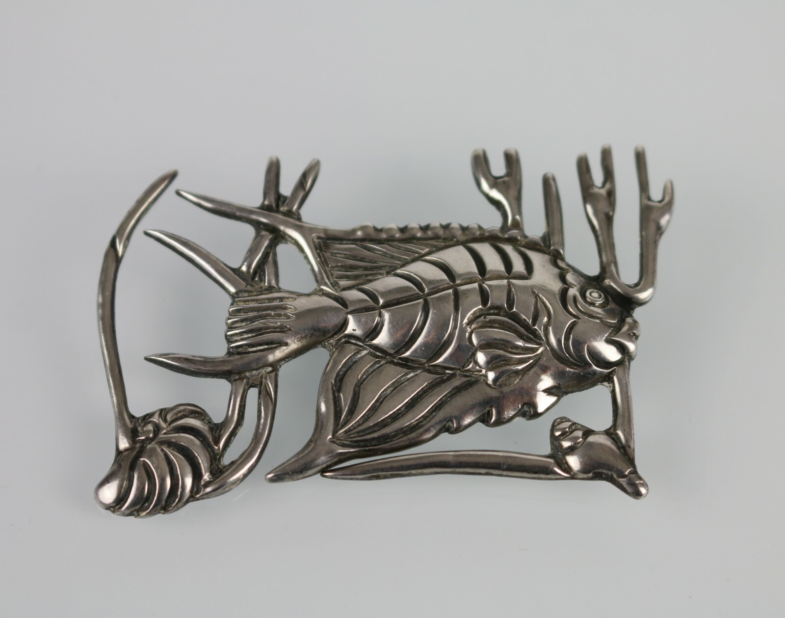 Vintage Los Castillo Taxco Mexico Sterling Silver Pin Brooch ~ Fish Aquarium 164