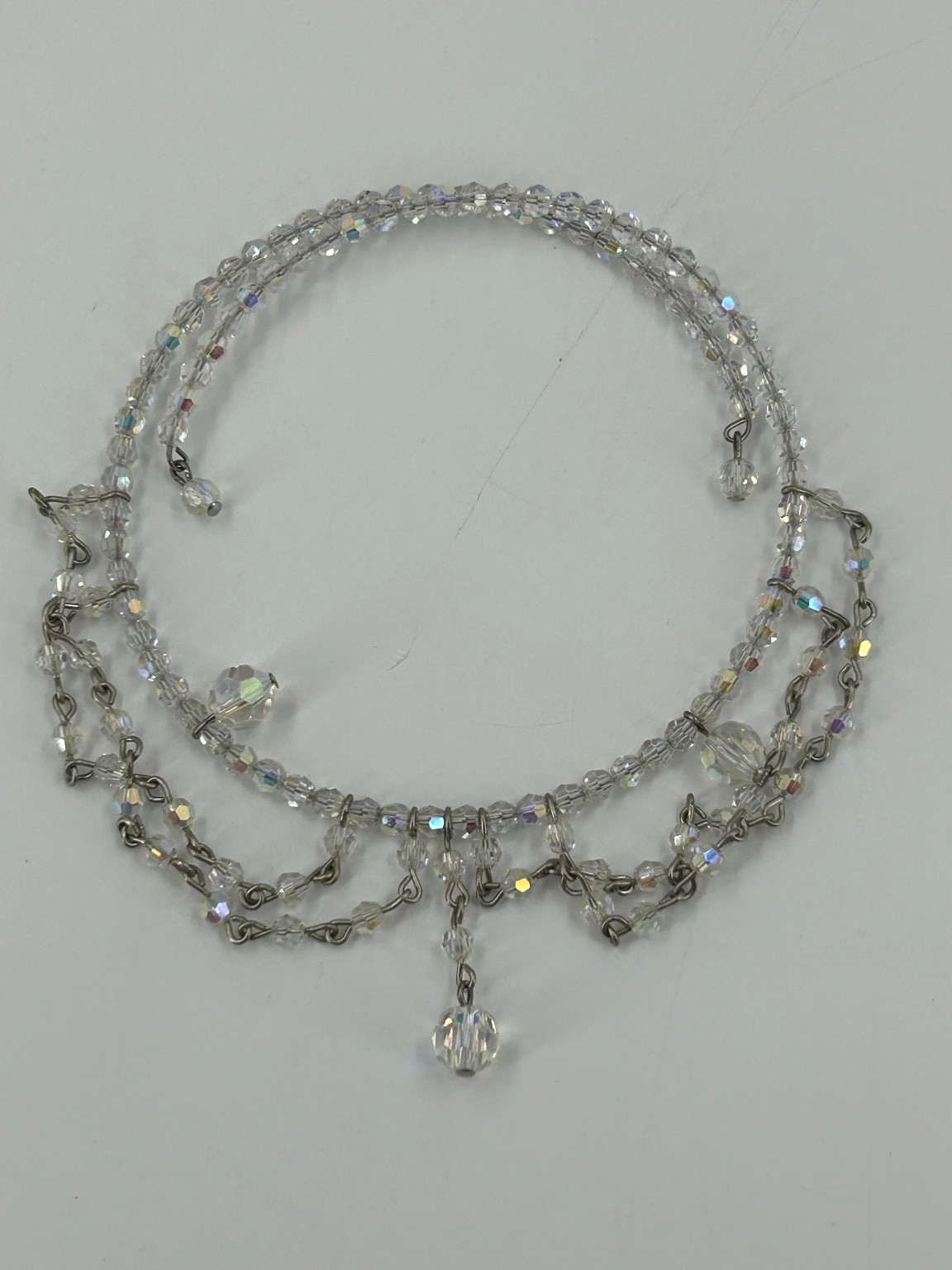 Vintage Crystal Choker Tension Necklace Silver Tone AB Faceted Glass Dangle