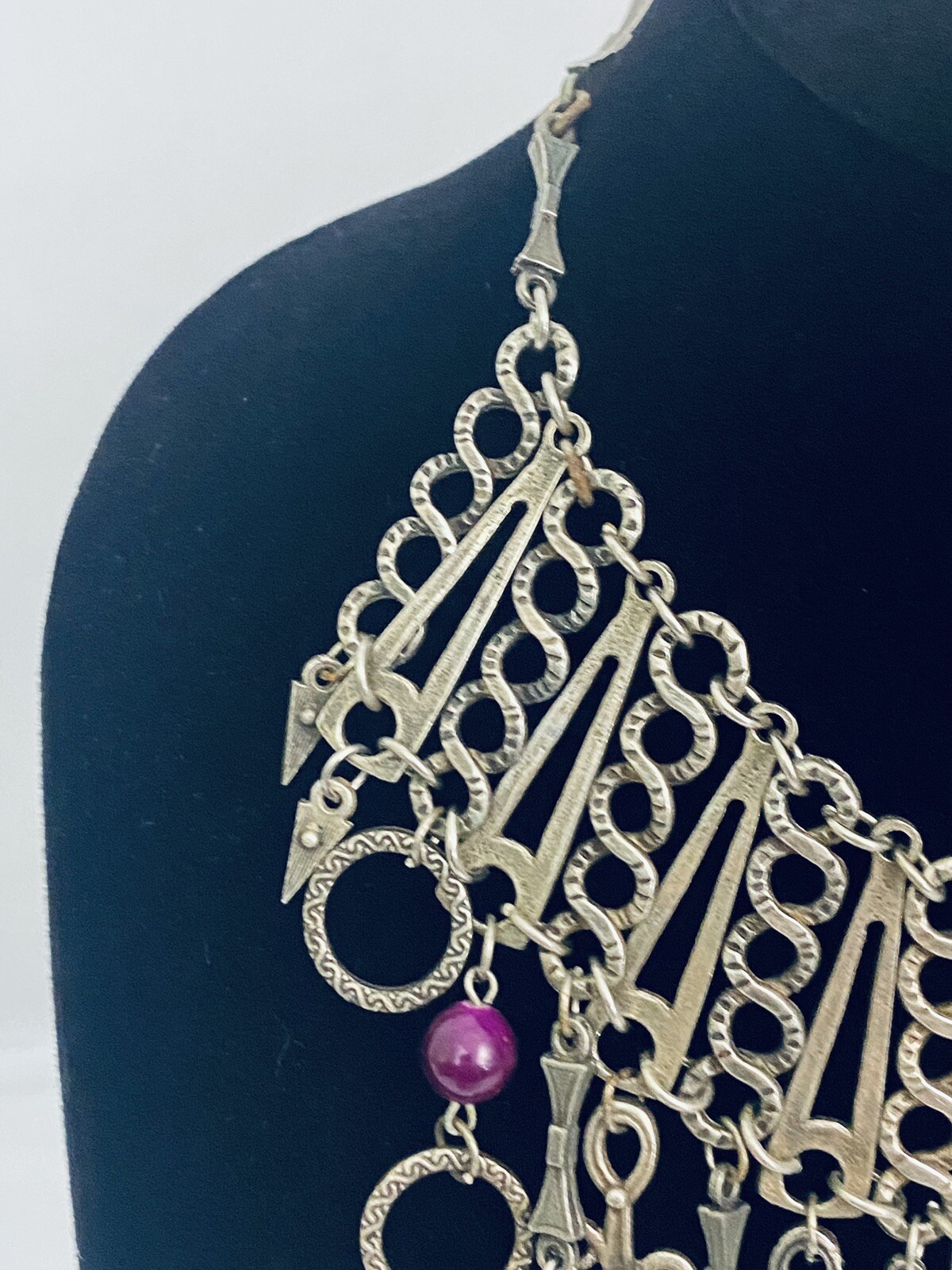 Vintage French DLH DEPOSE Necklace Bib Statement Pewter Purple 14.5″ Costume