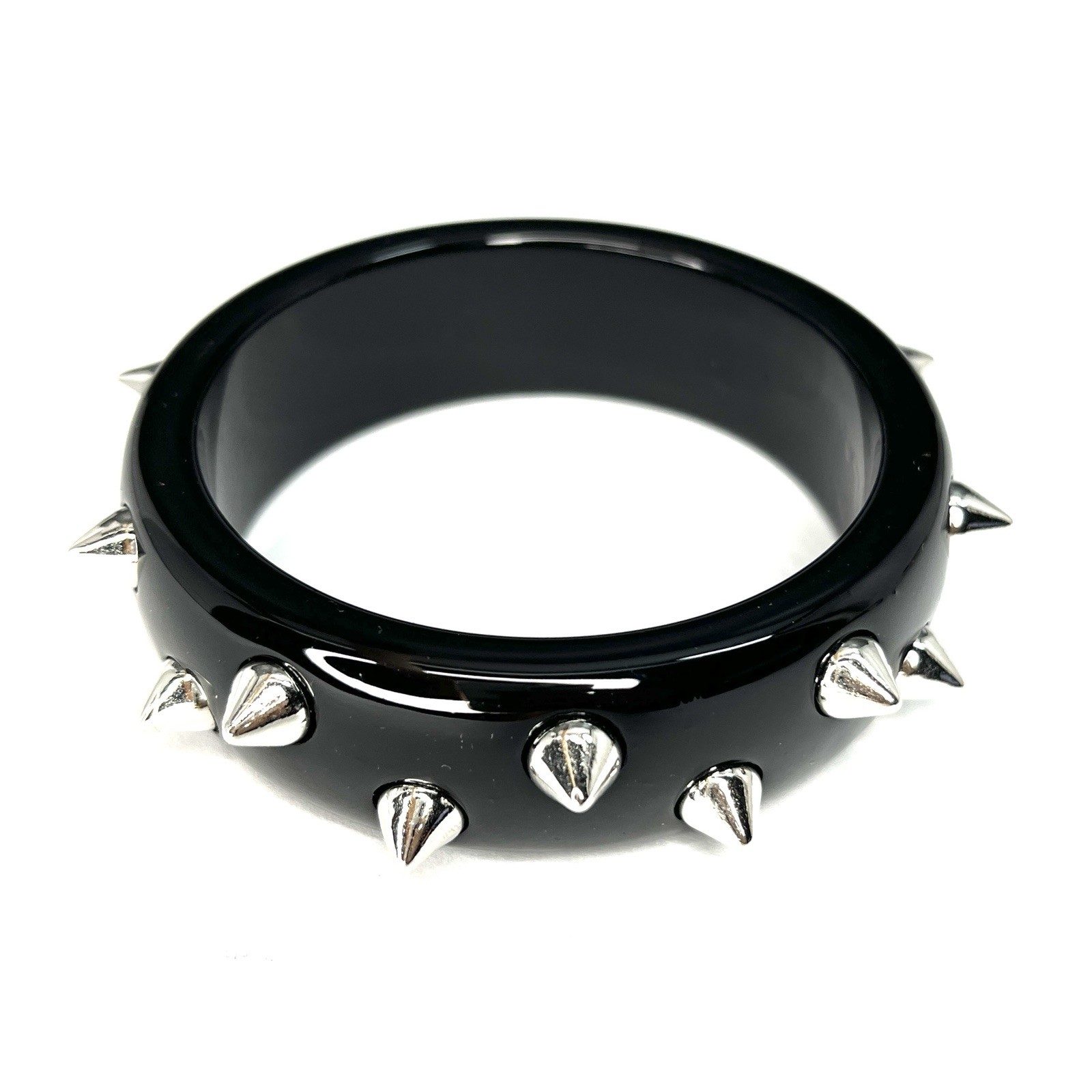 Black Lucite Bangle Bracelet Silver Spikes Punk Rock Biker Studs Retro 7.75”
