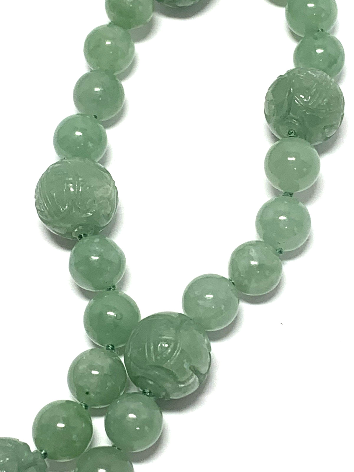 Vintage Hand-Knotted Natural Jadeite Carved Dragon Head & Balls w/ Loop Necklace