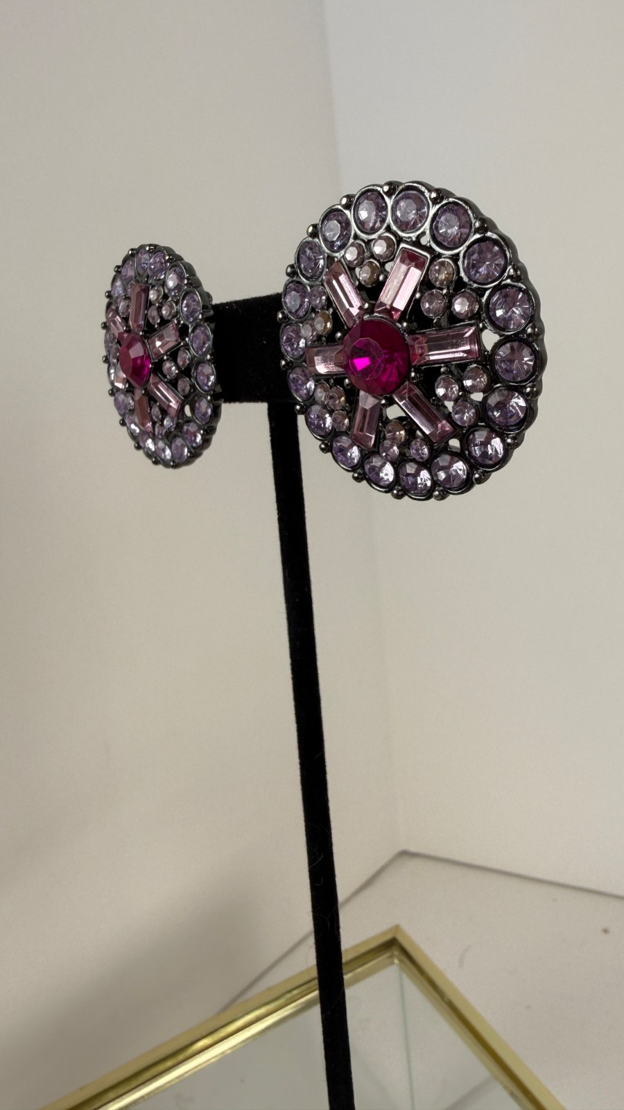 Vintage Gunmetal Pink Glass Rhinestone Statement Stud Earrings
