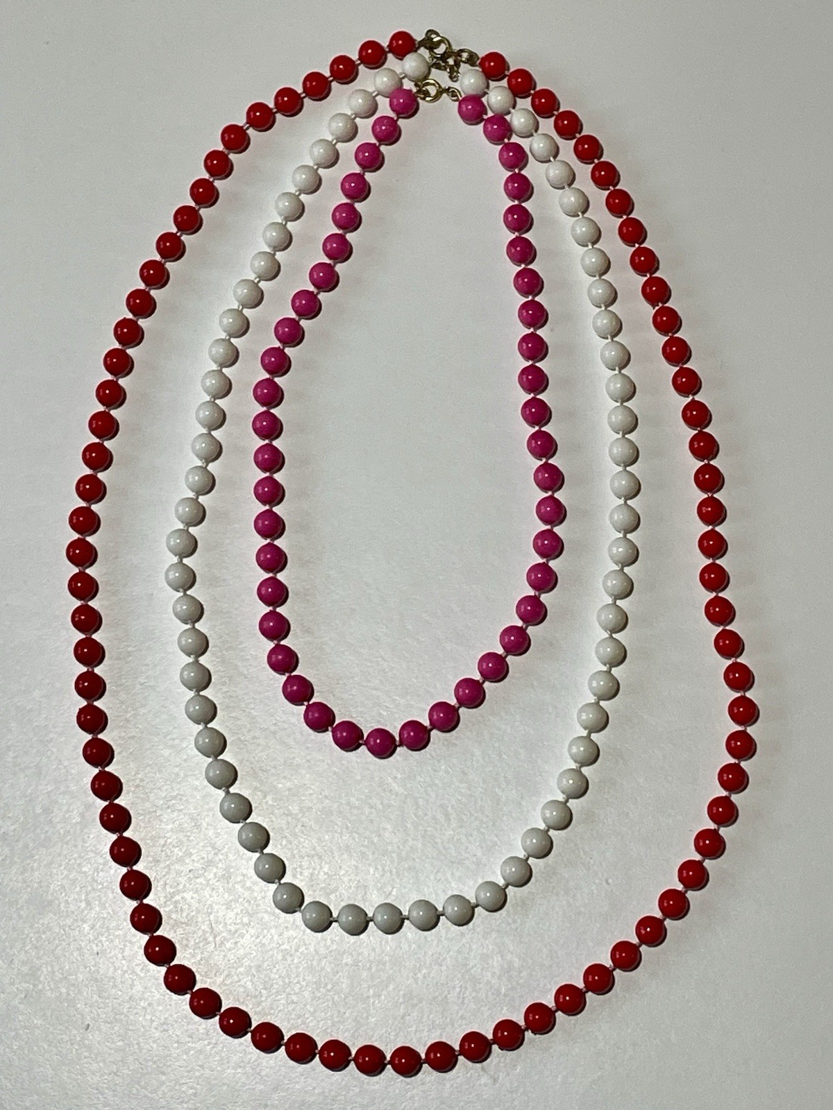 Vintage Plastic Beaded Necklace Lot 3 Retro Layering Strands Red White Fuchsia