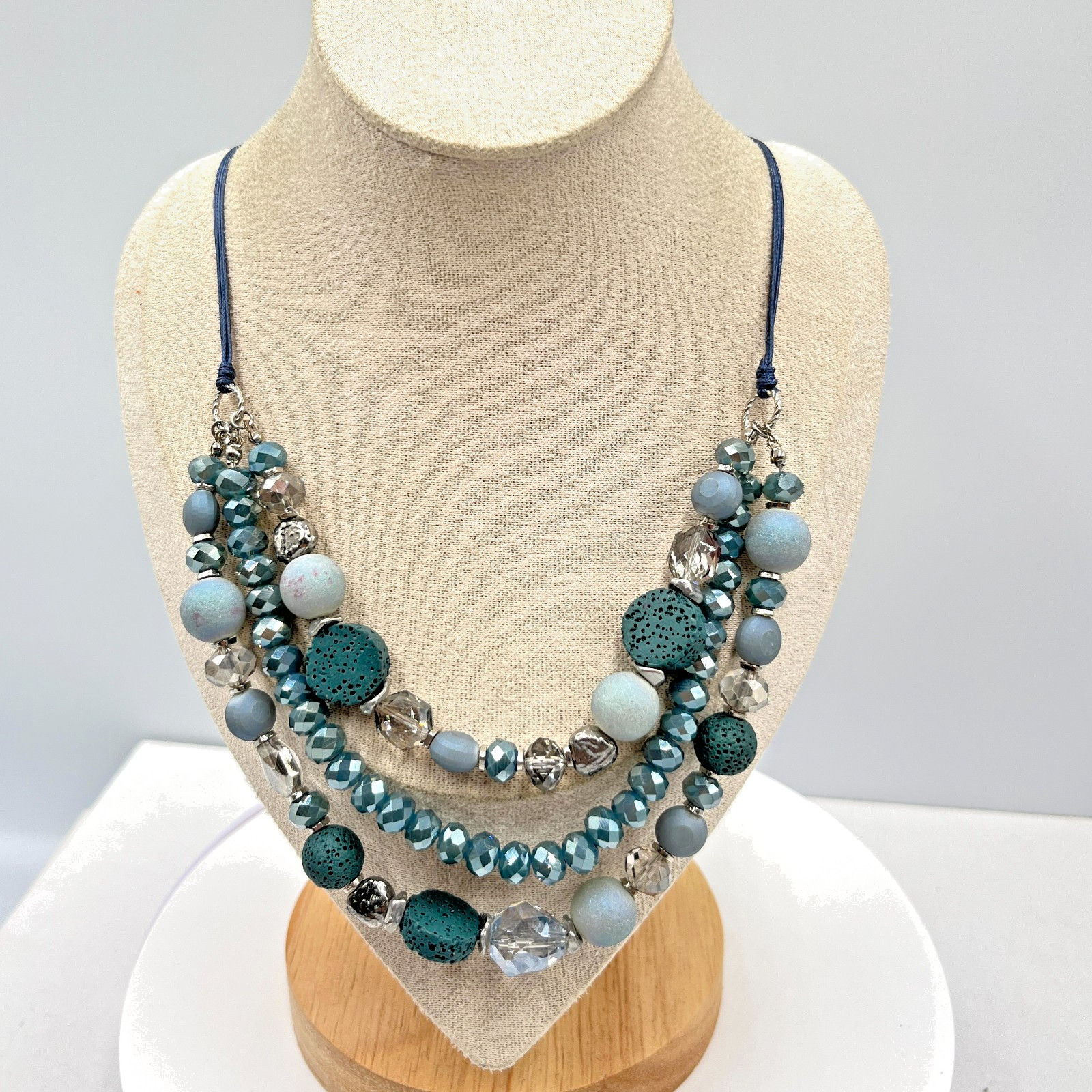 VTG Boho Slate Blue Multi-Strand Statement Necklace Lava Rock Beaded Layered Y2K