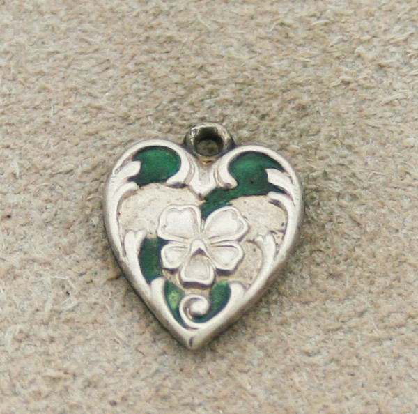 VICTORIAN VINTAGE STERLING HEART CHARM – Flower with Swirls Border and Enamel