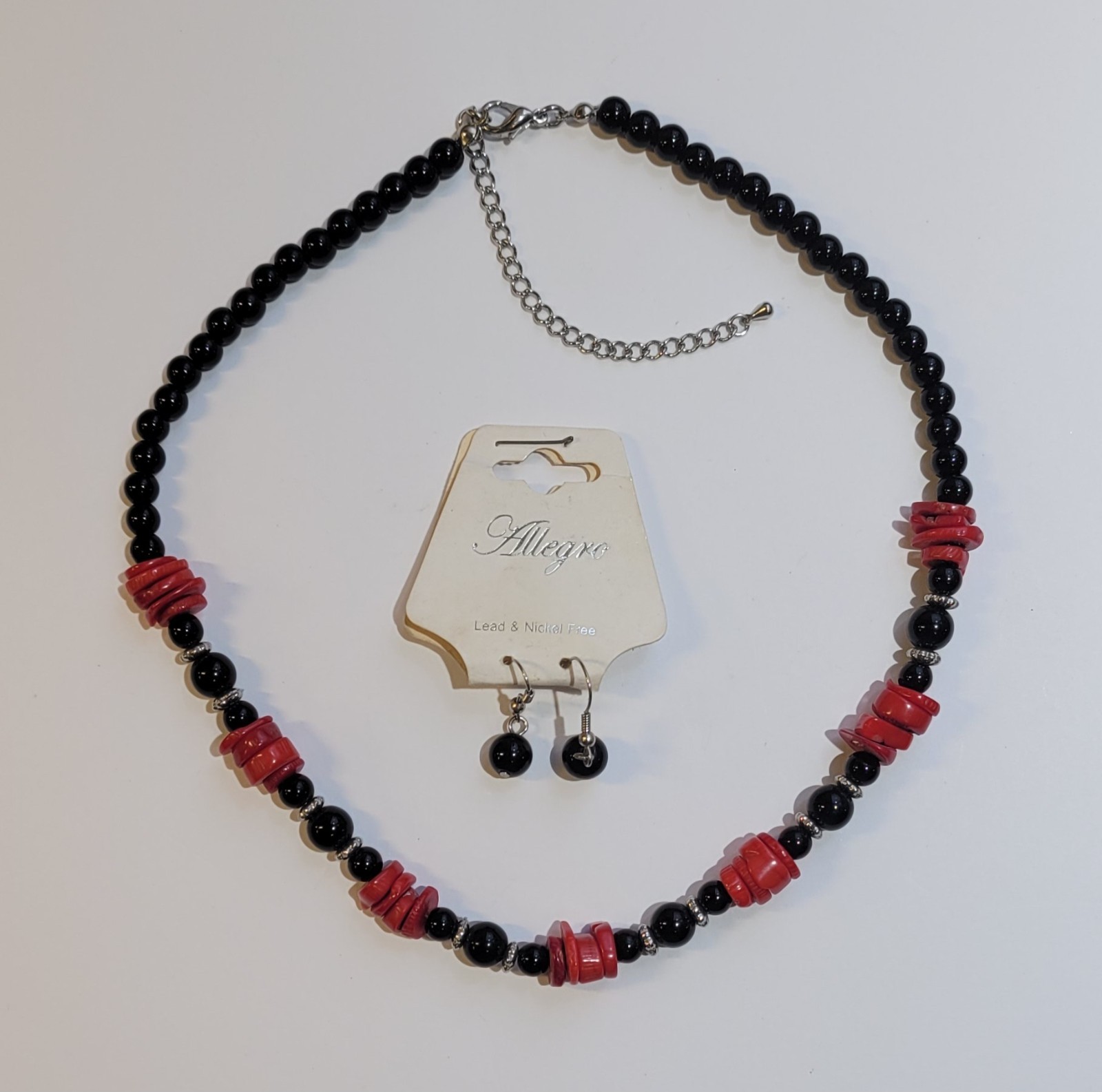 Allegro Black Beads Faux Red Coral 17in Necklace With Matching Earrings Vintage