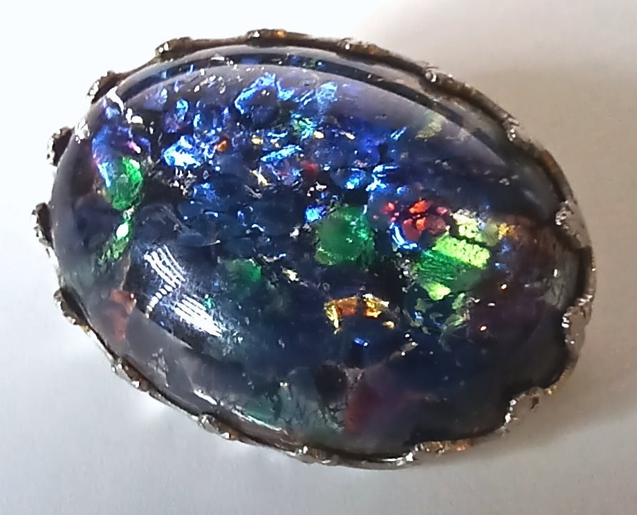 Vtg (Antique?) Silver-tone Brooch w/ Dark Blue & Multicolor Foiled Art Glass