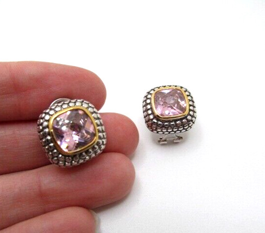 Vintage Gold & Silver Tone Beaded Pink Glass Cushion Square Stud Earrings 17.5mm