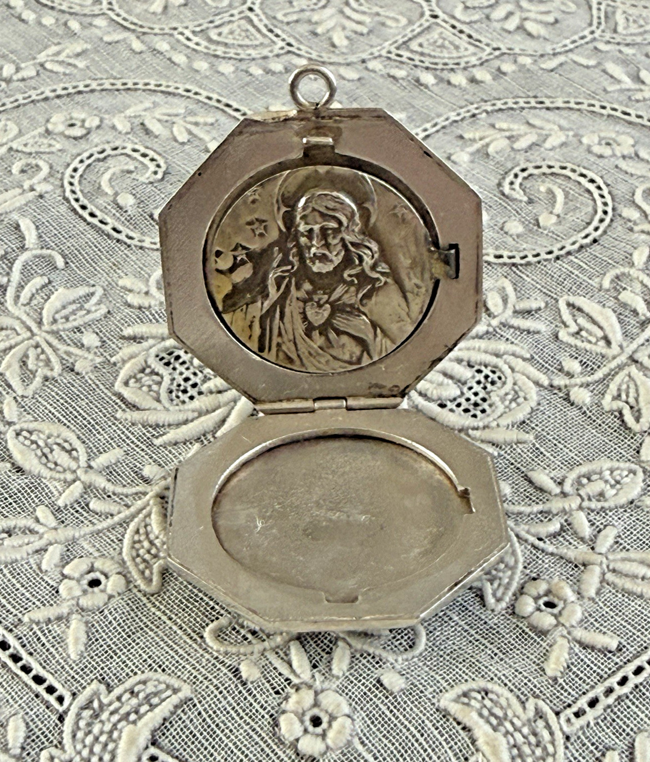 Vintage Art Deco Sterling Guilloche Enamel Religious Sacred Heart Locket Pendant
