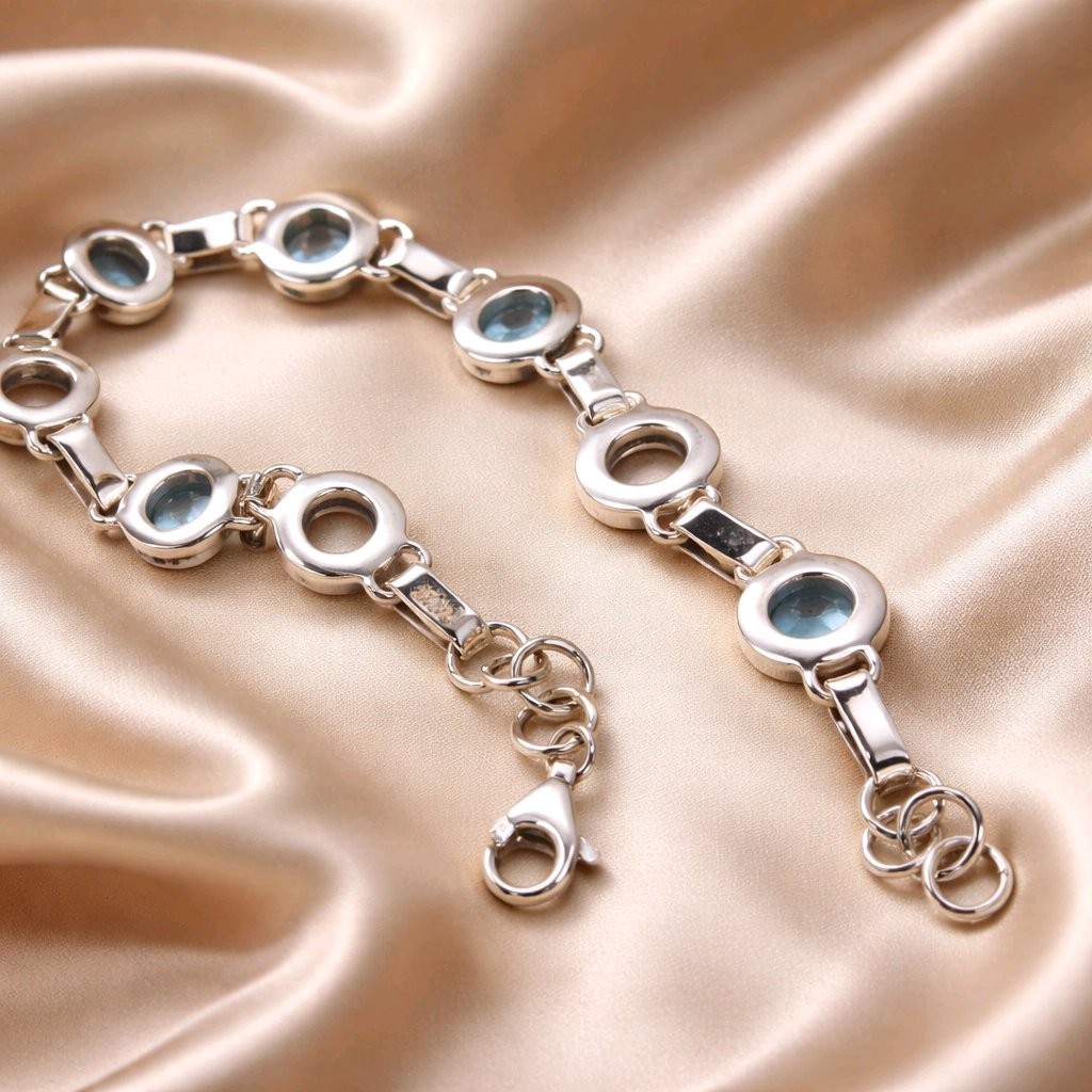 Blue Topaz Bracelet Pearl Sterling Silver Link Gemstone Bezel 925