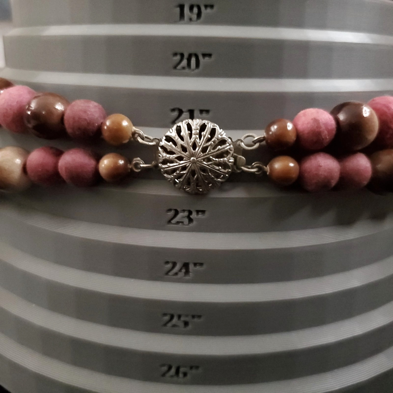 Vintage Layered Beaded Necklace Brown Pink Wood 21″