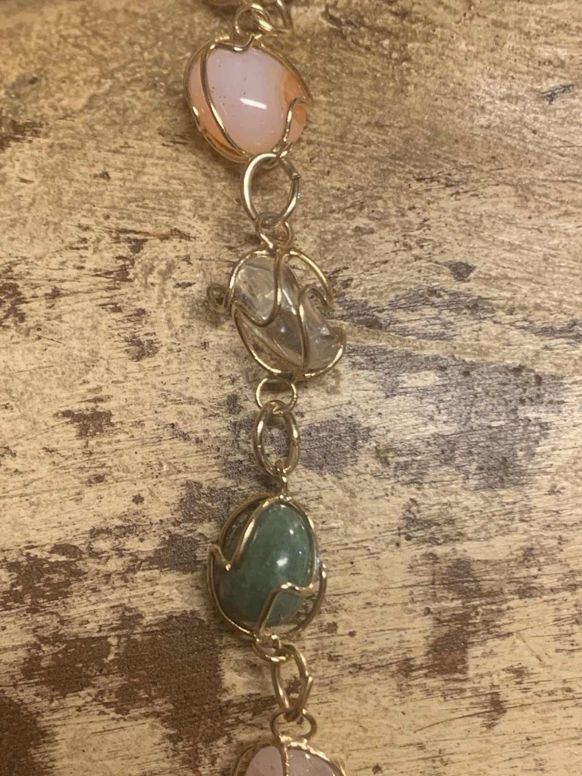 Gold & Natural Gemstone Cage Necklace 24 Inches Vintage