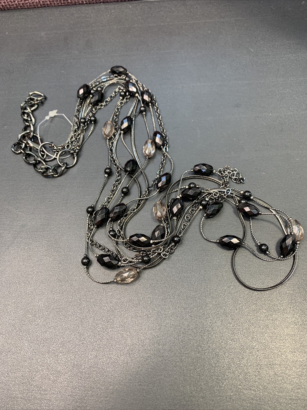 Black beaded long sweater necklace gunmetal gray￼necklace 40” 4 Strand