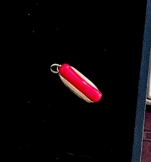 Avon Signed 1975 Hot Dog Gold Red Charm 1” “Put On The Dog” Enamel Pendant