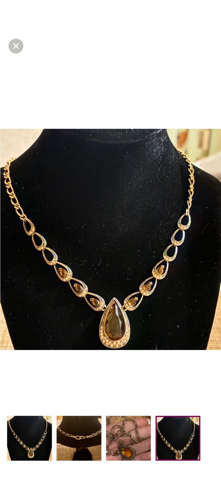 Monet Gold Tone Amber Color Faceted Glass & Rhinestones Teardrop Necklace