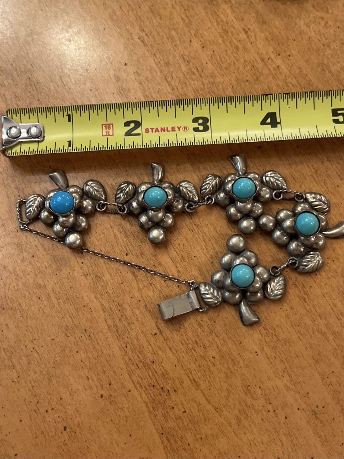 Vintage Mexico Sterling? Turquoise Blue Cabochon 5 Grape Clusters Bracelet 7 “
