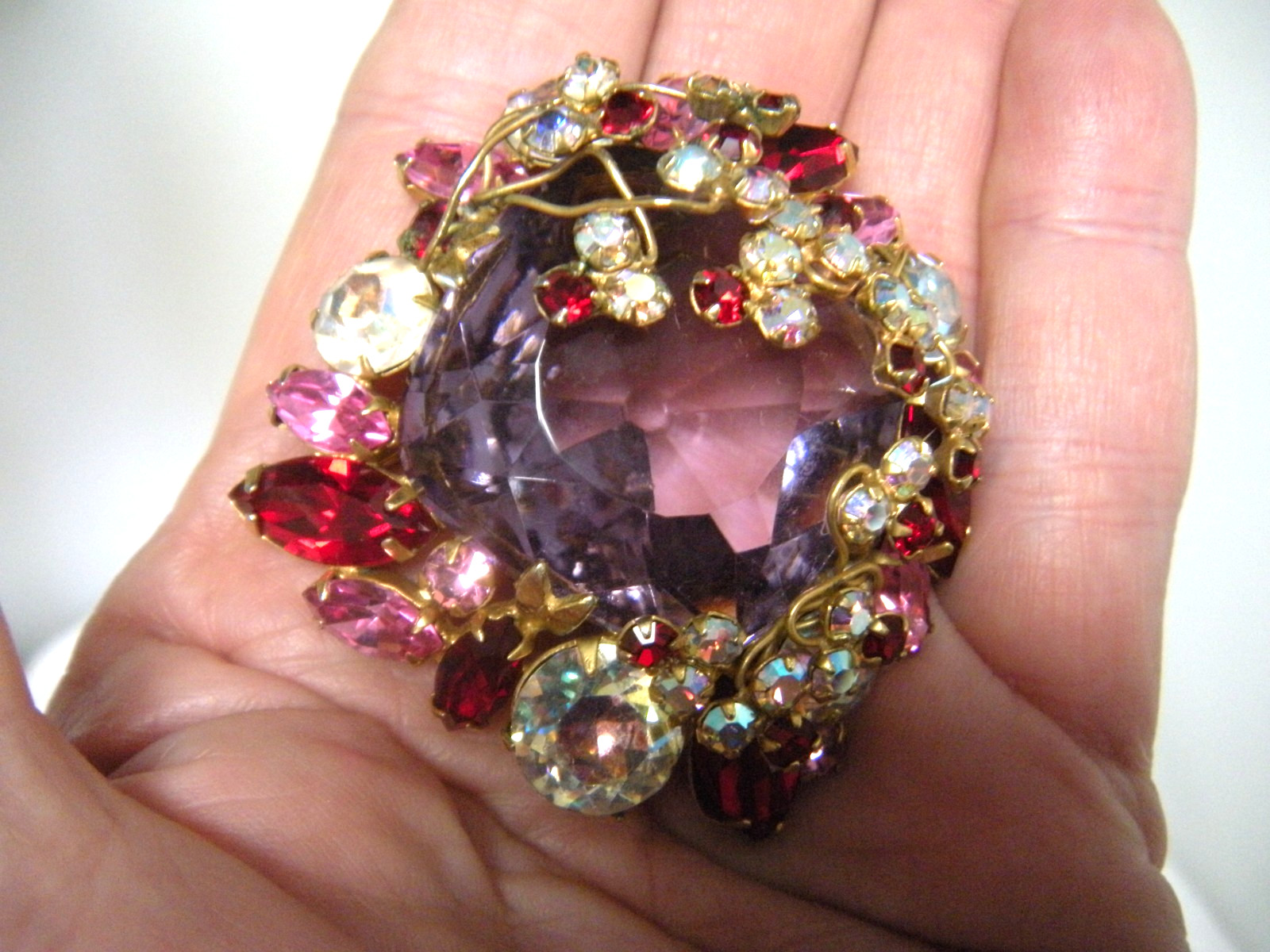 JULIANA Purple Pink Red Rhinestone Vintage Brooch Earring Set