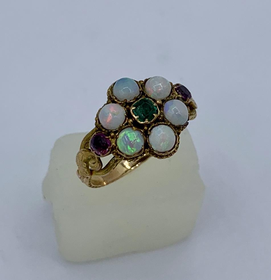 Victorian Opal Emerald Ruby Ring Antique Wedding Engagement Ring 14 Karat Gold