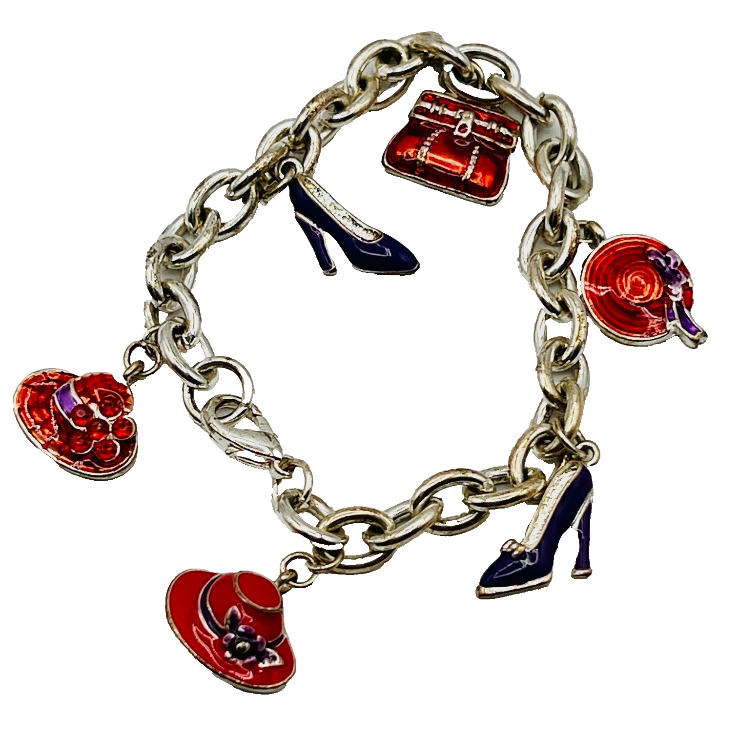 Vintage Enamel Charm Bracelet Purse Hat High Heel Shoes Silver Tone Fashion