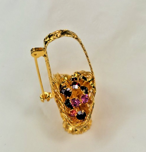 Vintage MCM Retro Gold Tone Flower Basket Pin Brooch Colorful Rhinestone Flowers