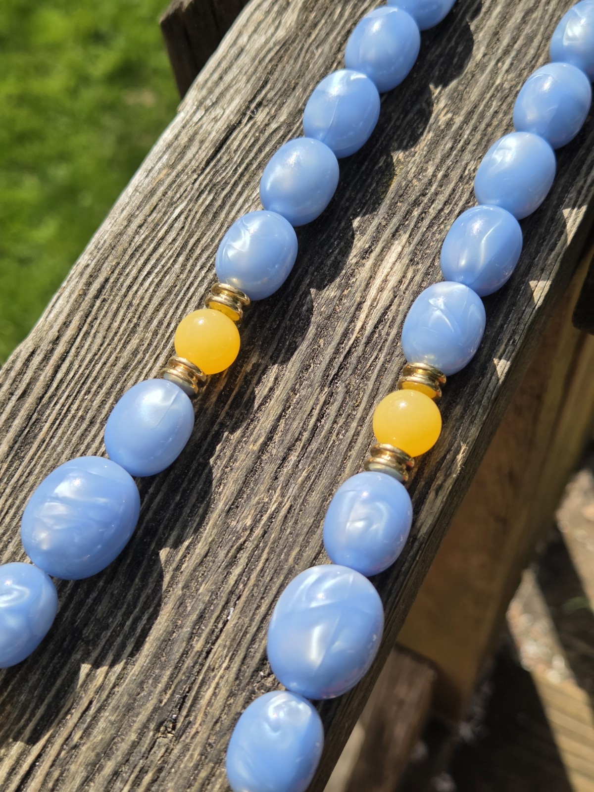 Vintage Avon Lucite Moon Glow Necklace 80s Blue Orange Gold Tone Plastic Beaded