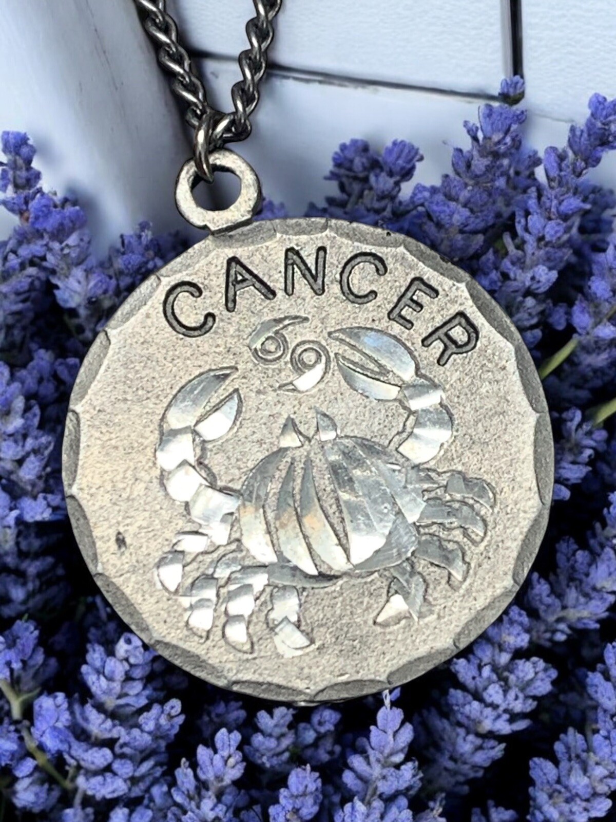 Vintage Pewter BDA Zodiac astrology Cancer Hand Engraved Pendant Necklace 18”