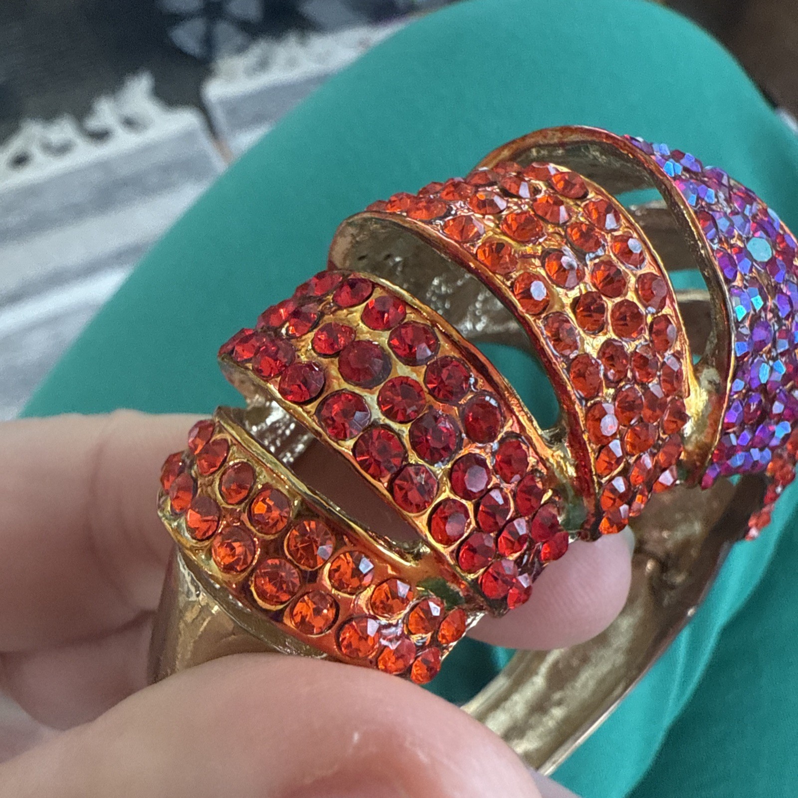 Vintage Hinged Cuff Bracelet Red Orange Fuchsia Rhinestone Crystal 1980s