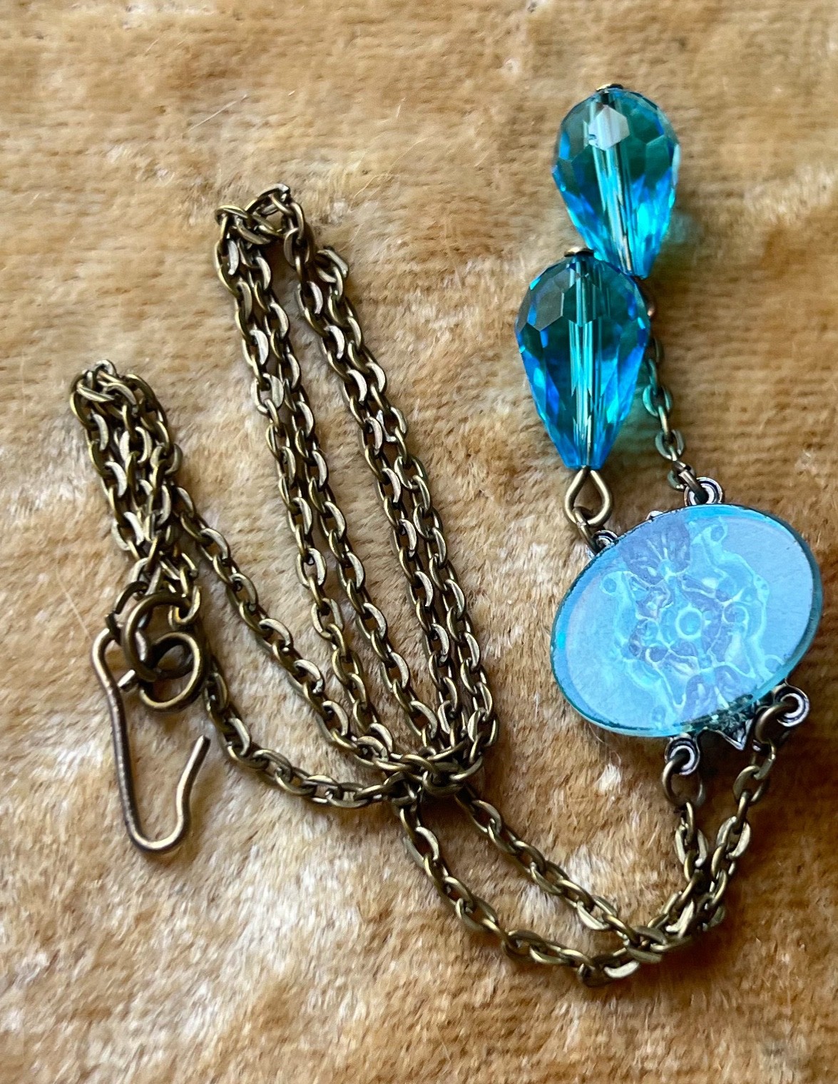 Vintage Necklace Delicate Art Nouveau Brass Pendant Antique Aqua Czech Glass
