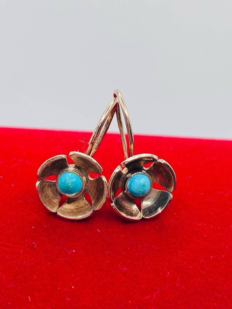 Vintage Soviet Gilt Turquoise Earrings Silver 875