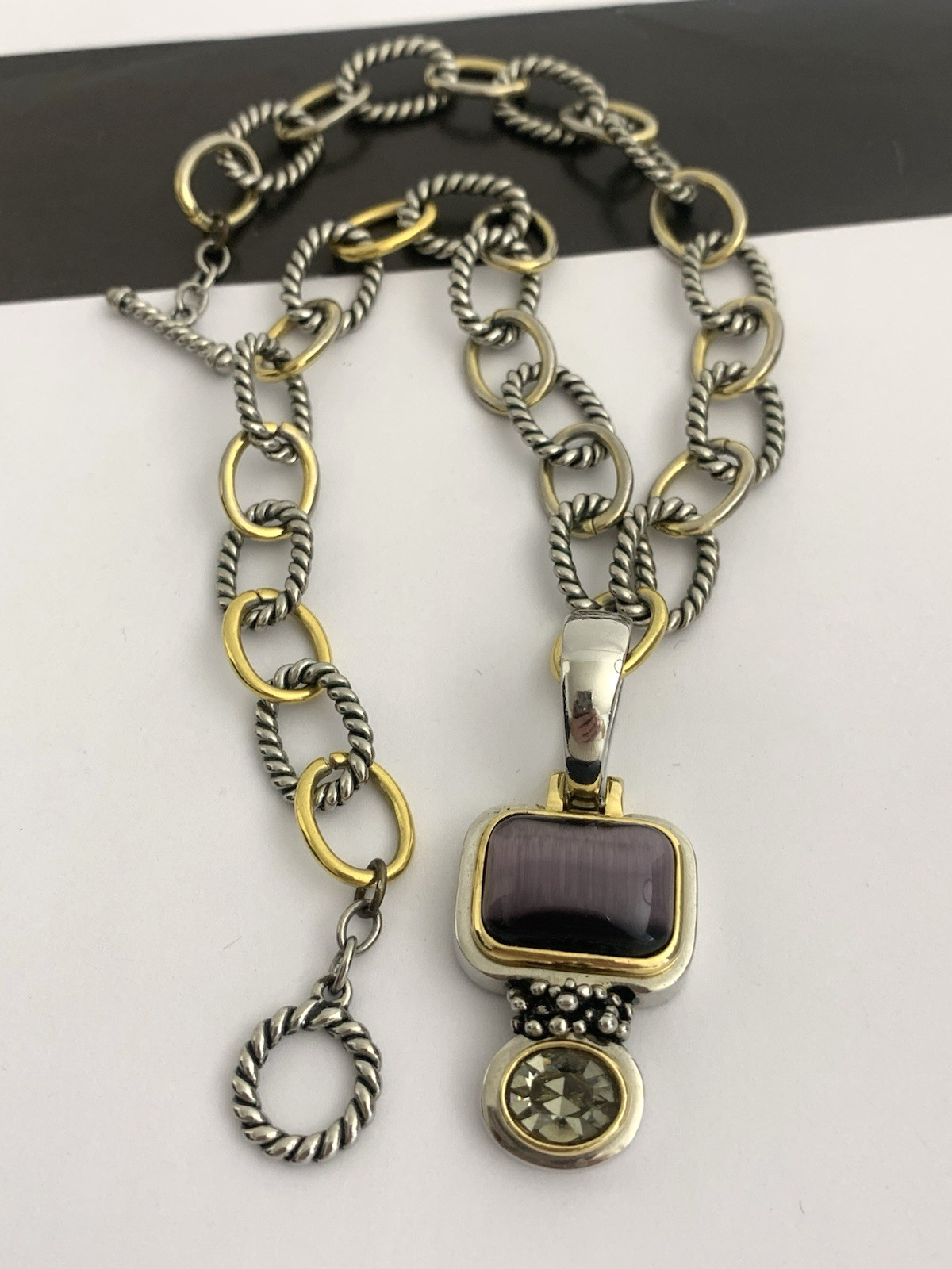 Vintage Silver and Gold Tone Cable Chunky Chain Necklace w/ Purple Stone Pendant
