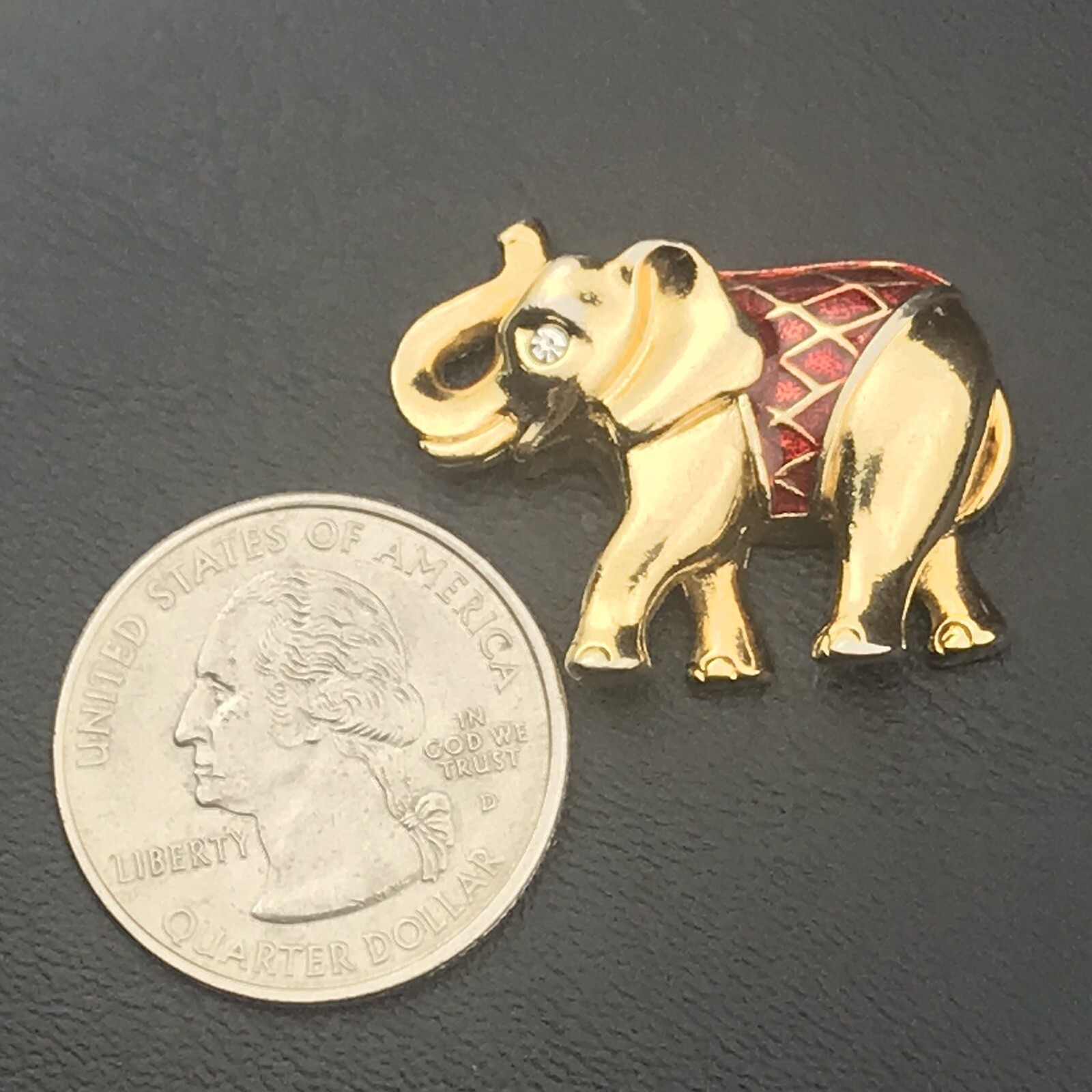 Vintage Gold Red Enamel Elephant Pin Brooch Trunk Up Good Luck Charm
