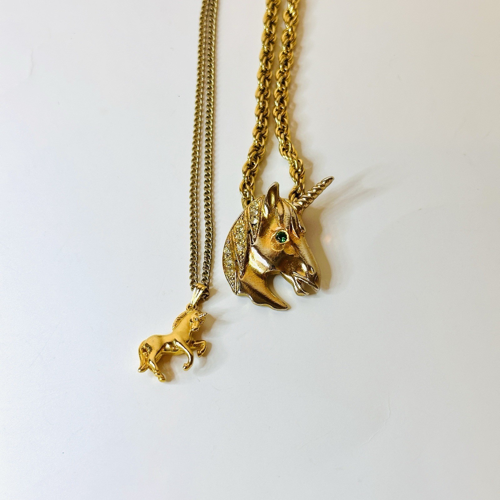 VTG Running Horse Unicorn Rhinestones Equestrian Pendant Necklace Gold Tone LOT