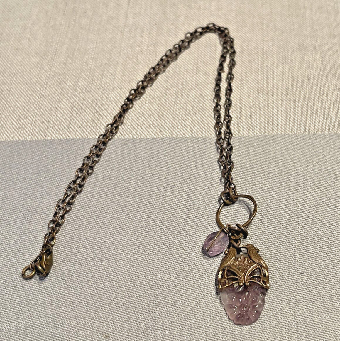 Handmade Lilacs and Lovebirds Vintage Inspired Glass/Brass/Tanzanite Necklace 18