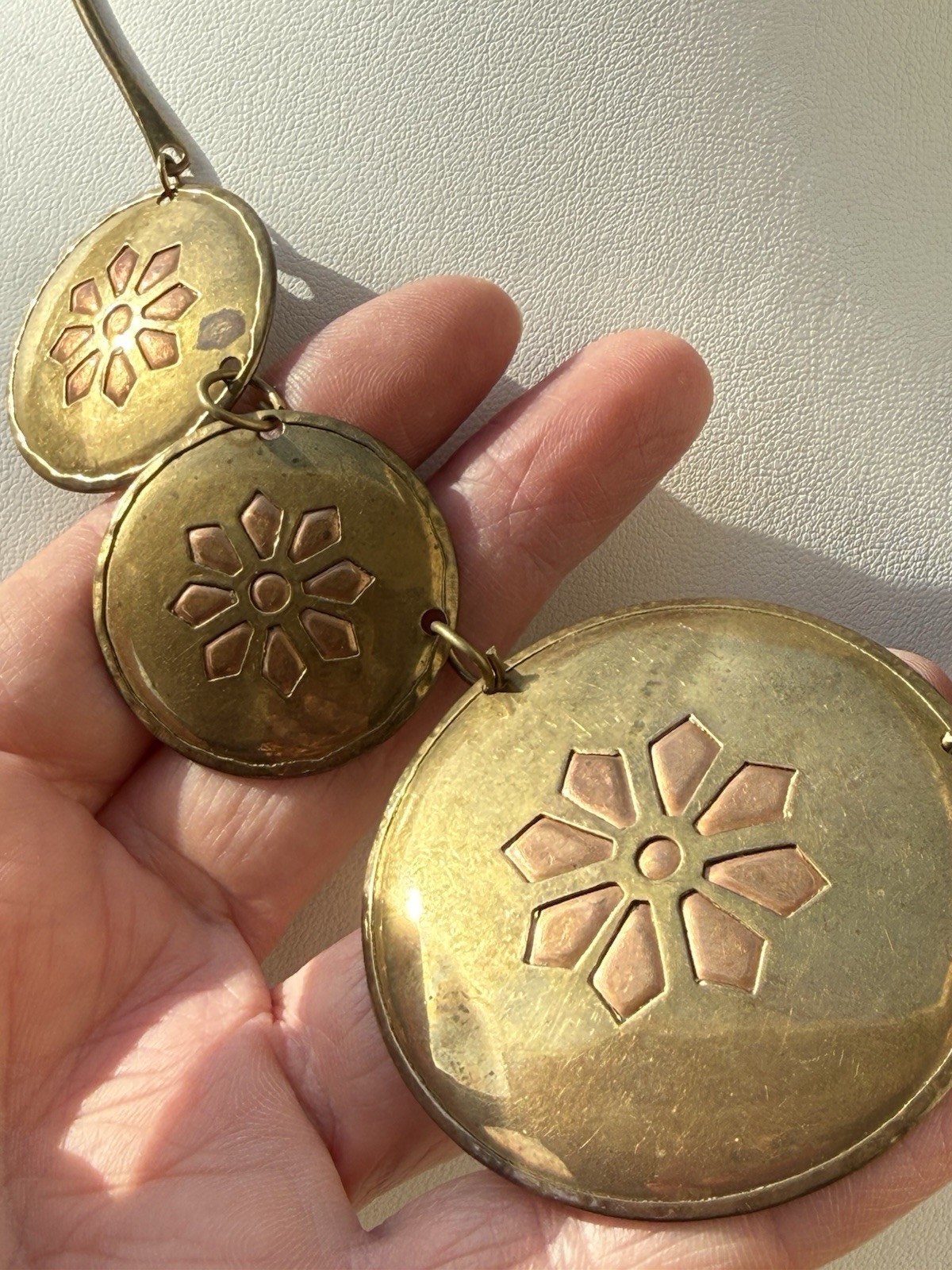 Vintage Artisan Abstract Round Copper & Brass Disc Statement Modernist Necklace