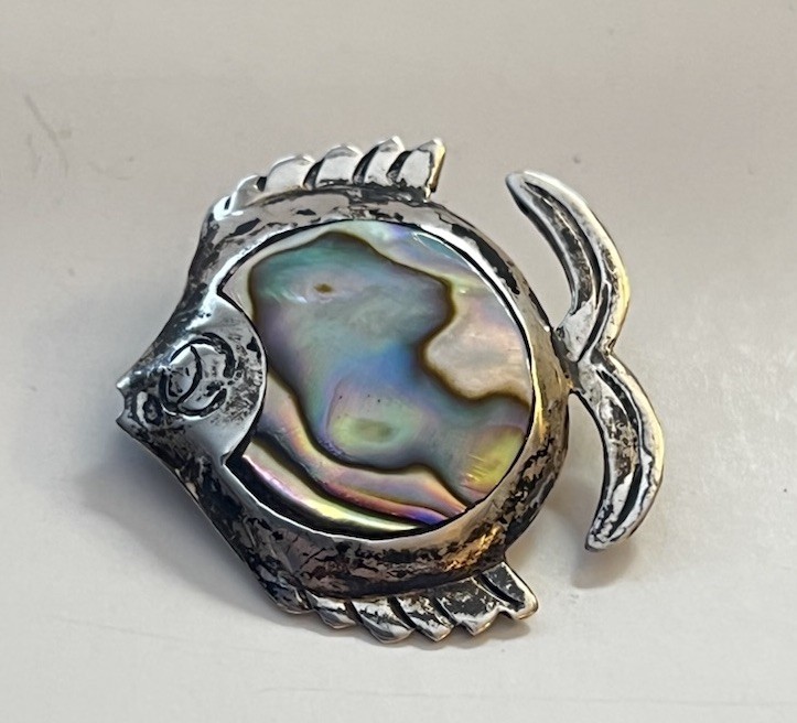 Vintage Taxco Mexico FRH 925 Sterling Silver Abalone Fish Pin Brooch Artisan Mex
