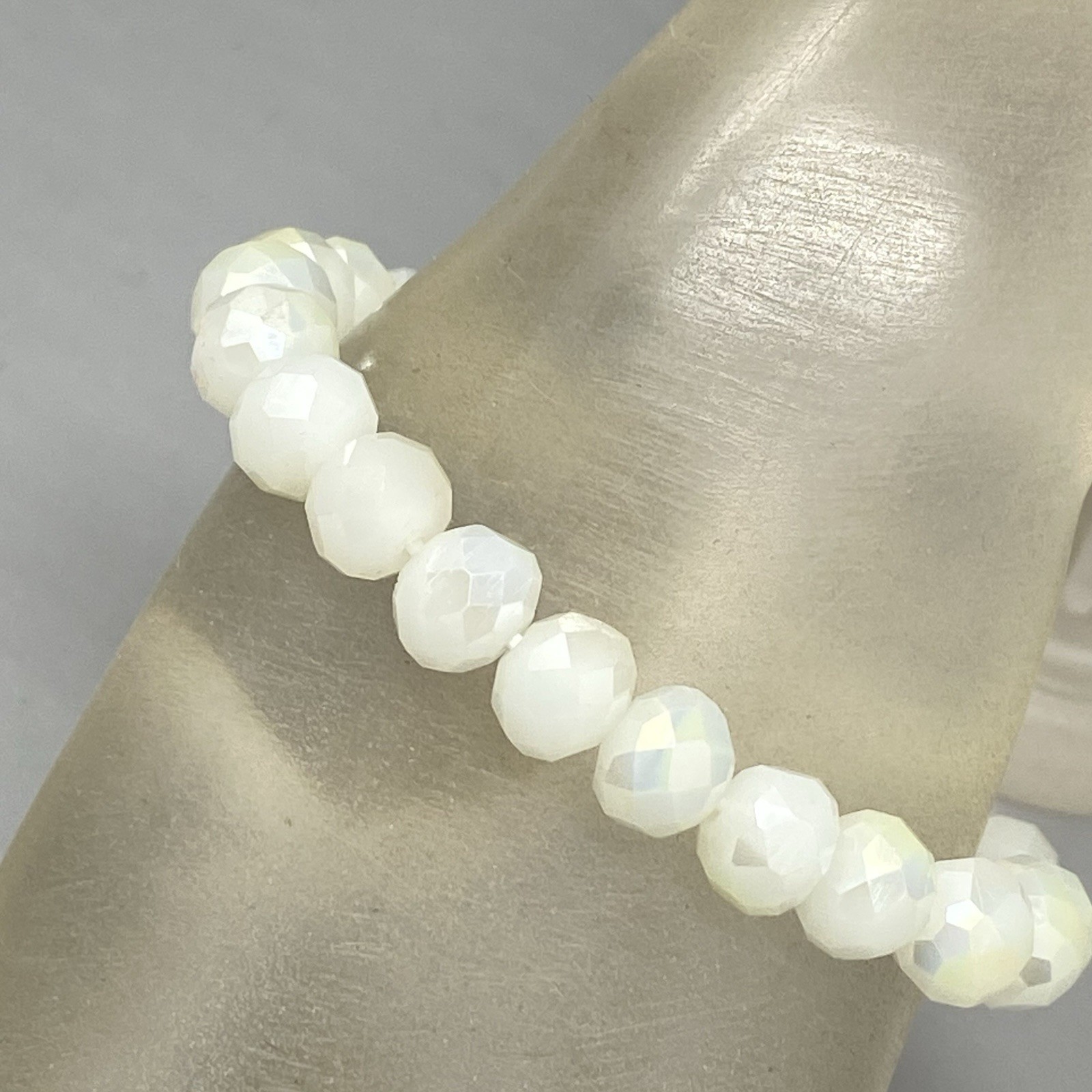 Ivory Glass Beaded Bracelet Fire Polished Faceted Stretch Elastic Classic 6″