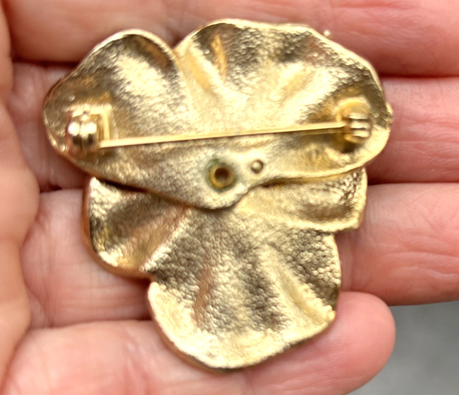 VTG Enamel Pansy Brooch Rhinestones Faux Pearl Spring Yellow Gold Tone Read
