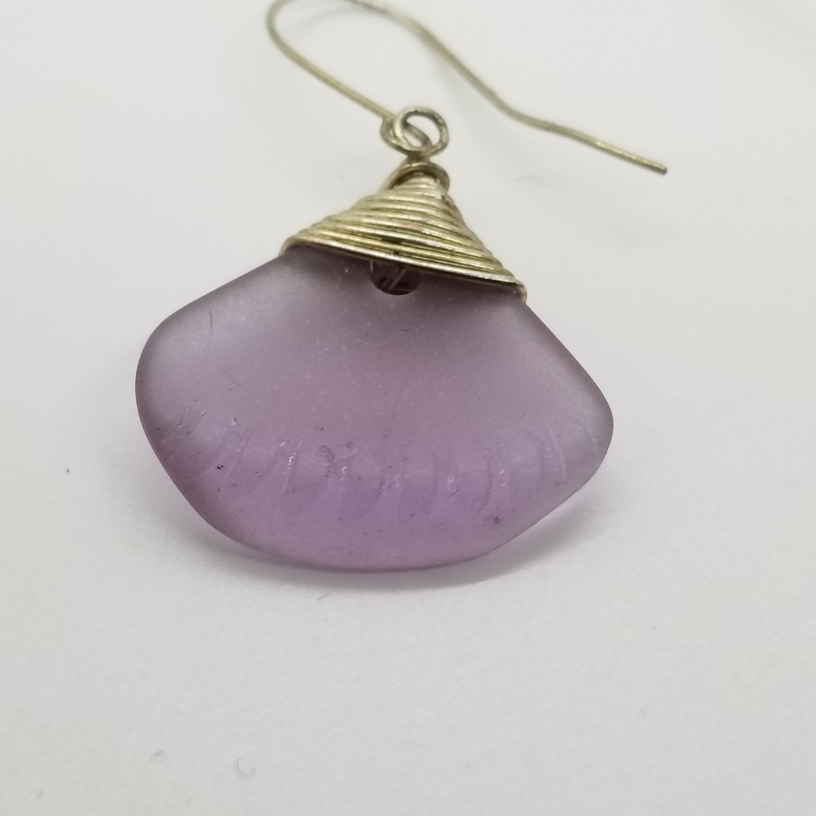 Vintage Purple Sea Glass Claw Shell Design Wite Wapped Dangle Drop Earrings