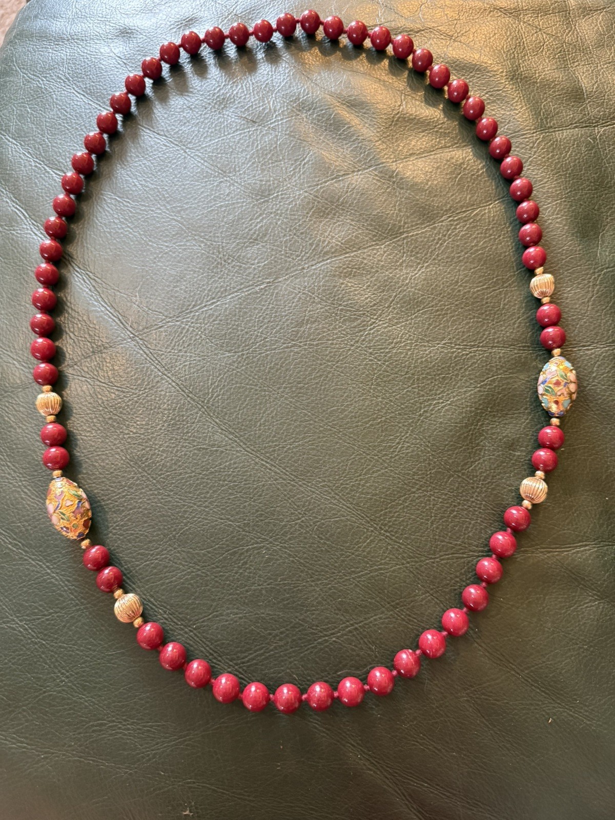Vintage Carnelian Goldtone Cloisonné Knotted Beaded 32” Necklace
