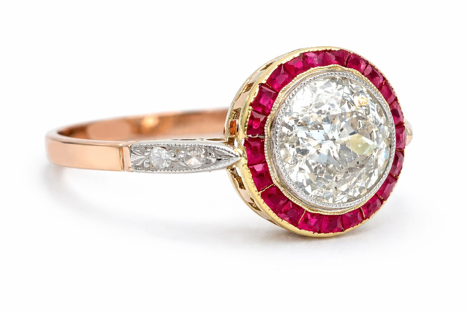 ART DECO GENUINE 1.20 Cts DIAMOND & RUBY ENGAGEMENT RING 18K ROSE SOLID GOLD