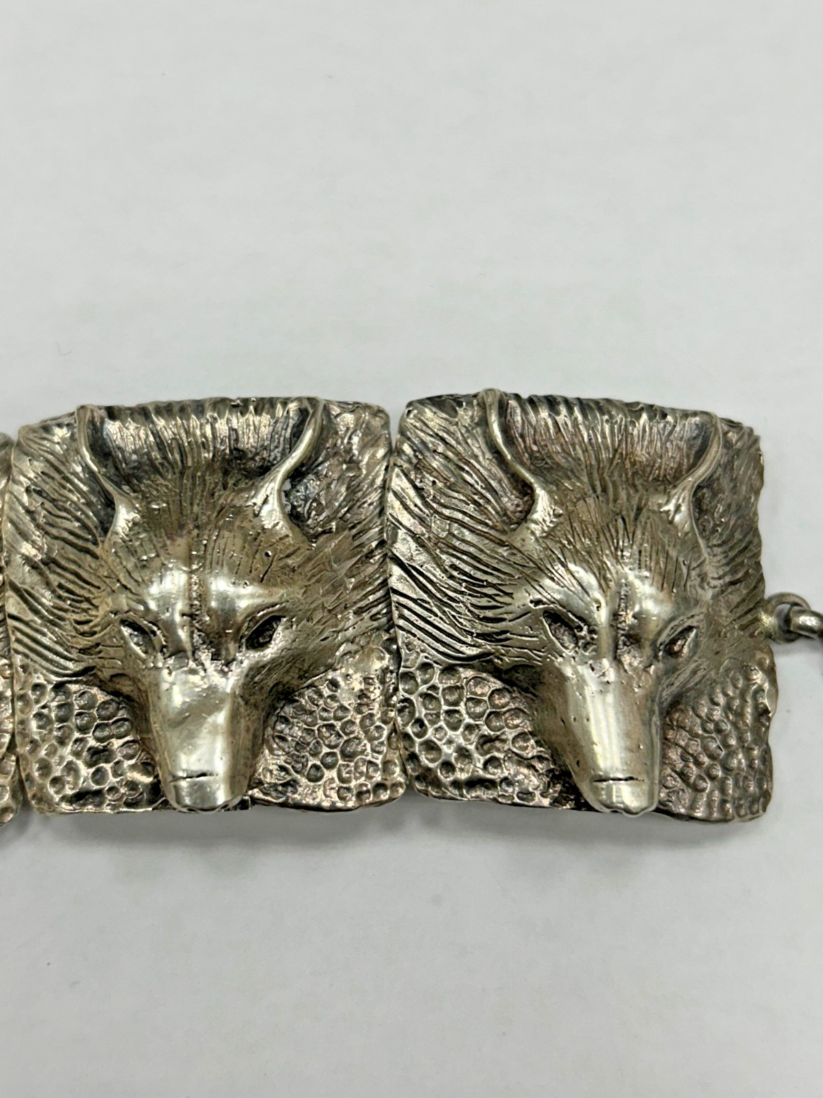 Vintage Silver Fox Wolf Head Articulated Link Bracelet 7.5 Inches