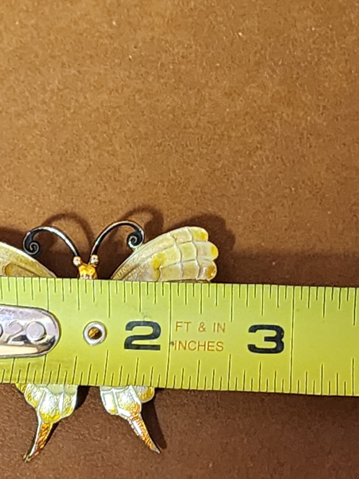Vintage Butterfly Brooch with Detailed Wings Light Yellow Enamel Finish 2″x 2.5″