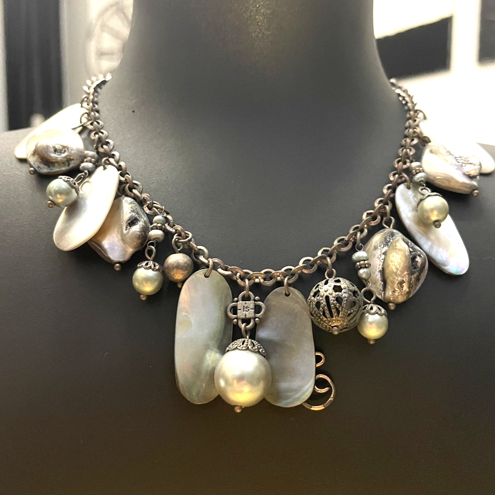 Vintage Lia Sophia Geometric Multi Color Stone & Dangles Brass Tone Necklace 16″