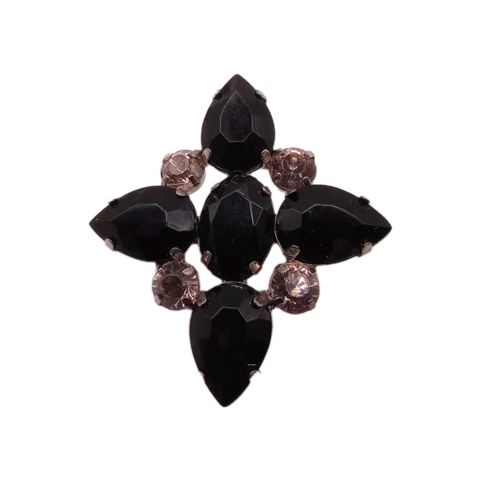 Vintage Black Smoky Rhinestone Floral Brooch Cluster Prong Set Pin 1 3/4 D